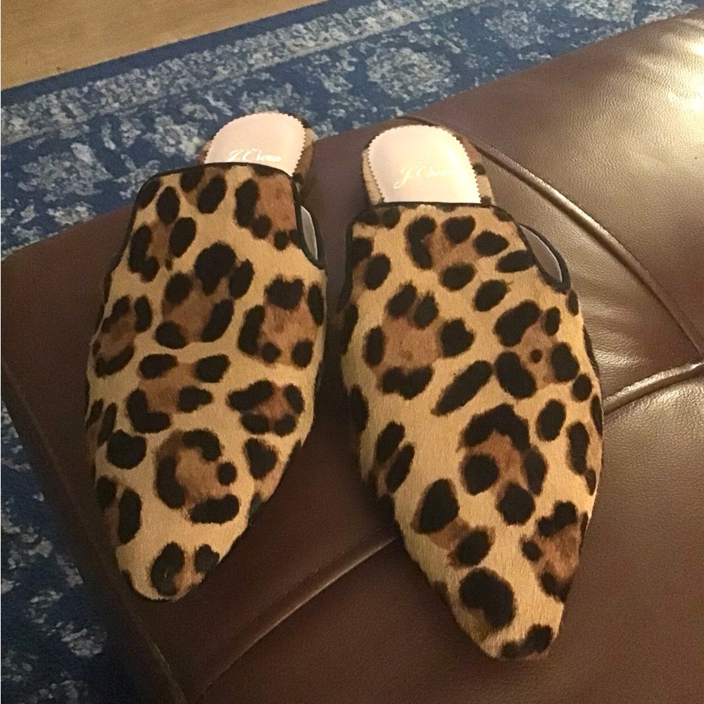 J CREW Real Fur Dyed Calf Hair Leopard Mules